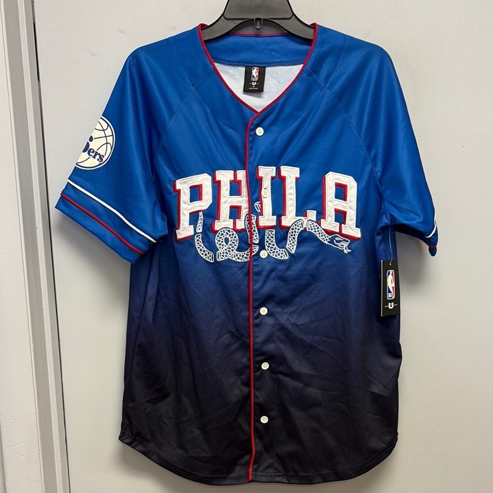 NEW NBA Philadelphia 76ers Short Sleeve Button Down Jersey Size Medium